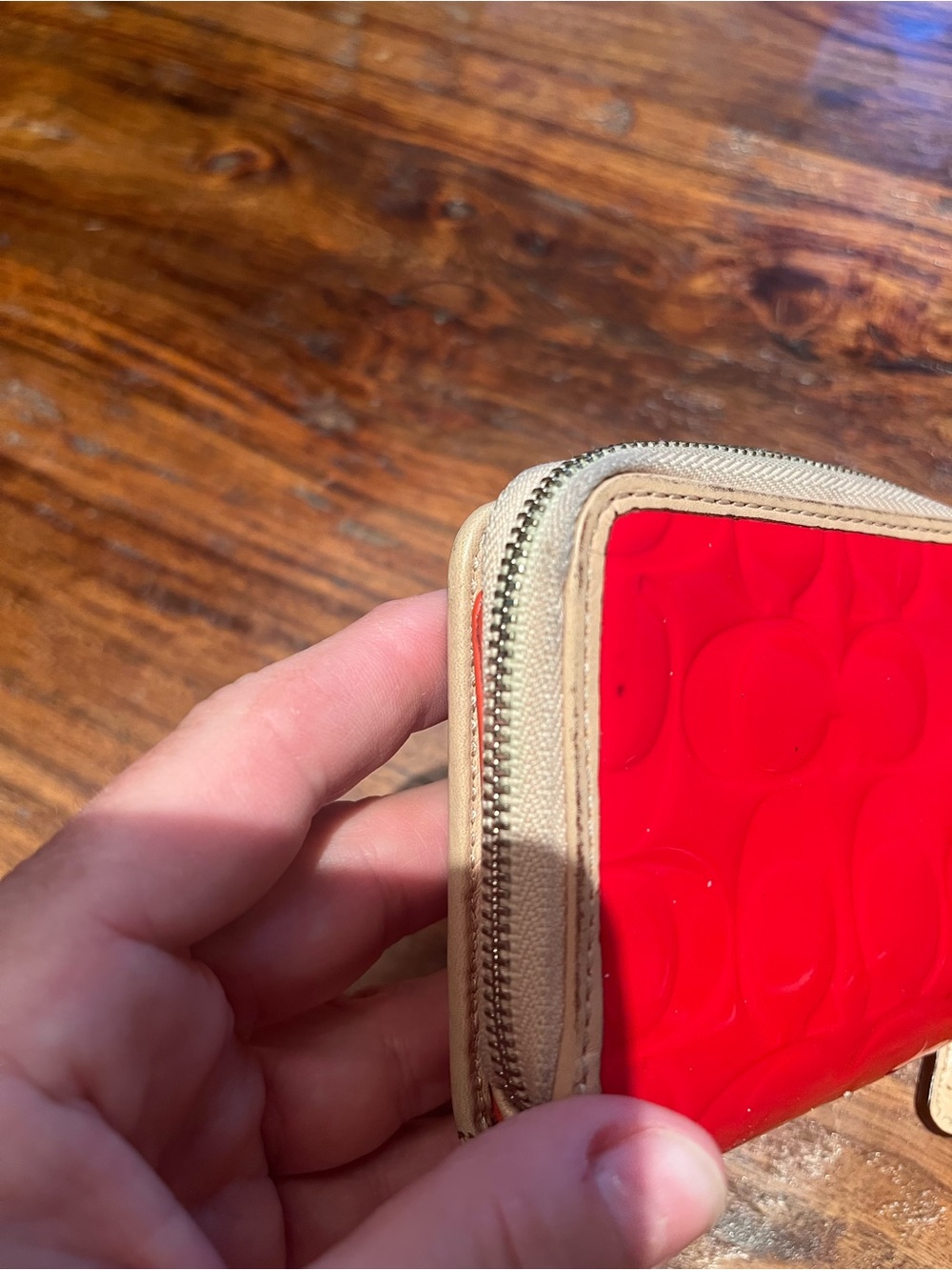 Coach Red Patent Compact Wallet with Beige Trim - Picture 6 of 13